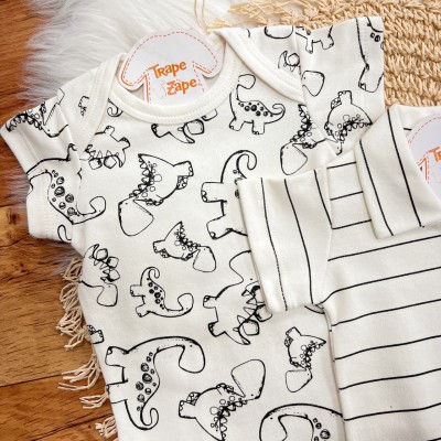 Conj. de Malha 3 peças - Dinos - Off White e Preto